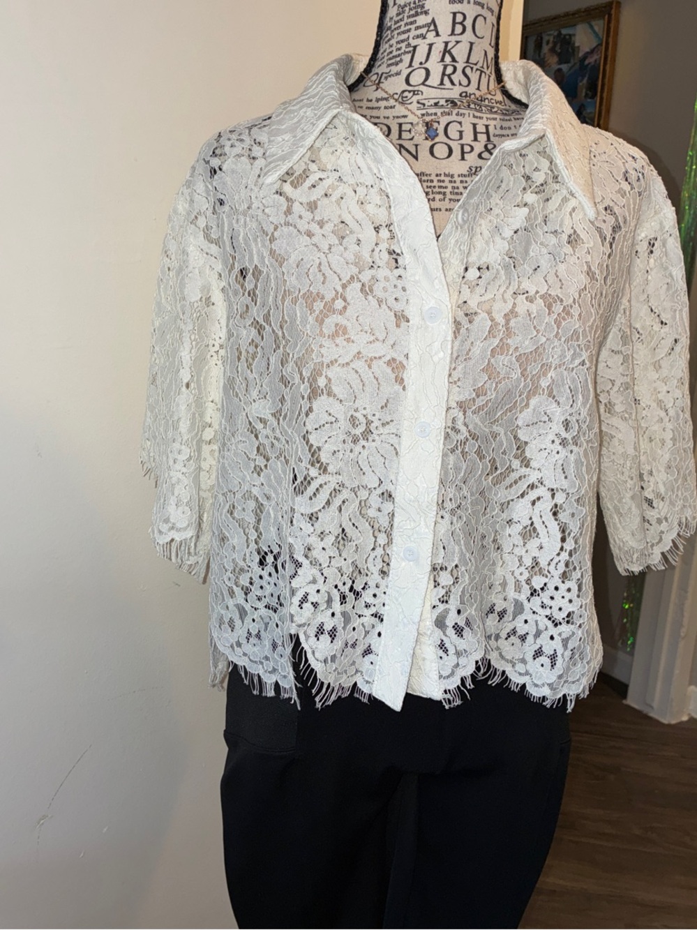 White Lace Button-Down Shirt - Women's Short Sleeve Boutique Brand:Sweet Generis - Picture 11 of 16